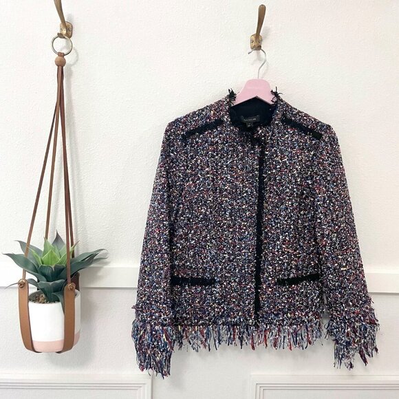 Ann Taylor Fiesta Tweed Fringe Jacket Red Blue Multi Color M Tall - Picture 2 of 6